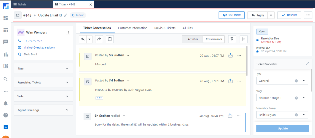Ticket Details Page - Agent View - LeadSquared Help and Support
