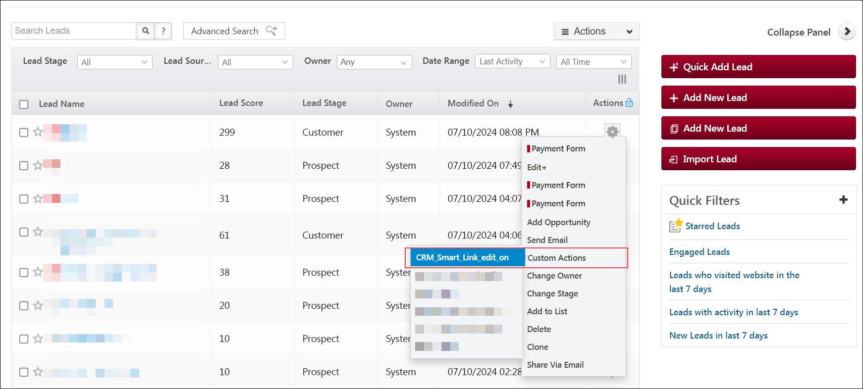 Portals smart links action on manage leads