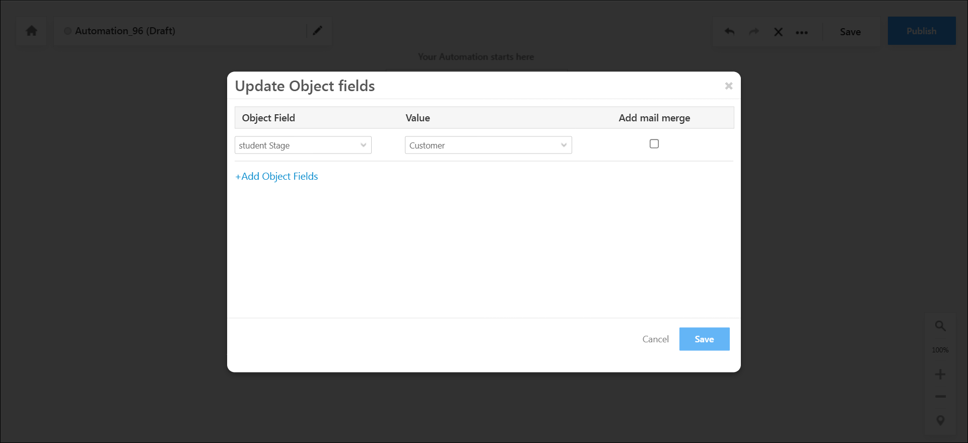 automation object type lead stage selection