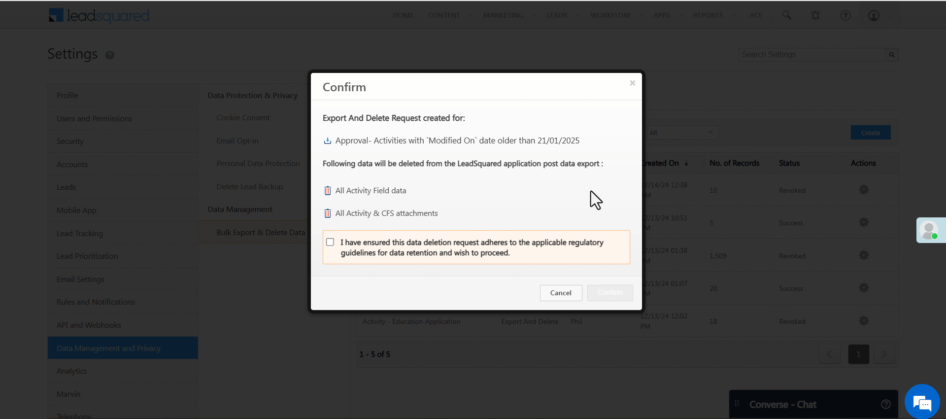 Leadsquared - Bulk Export & Delete Data