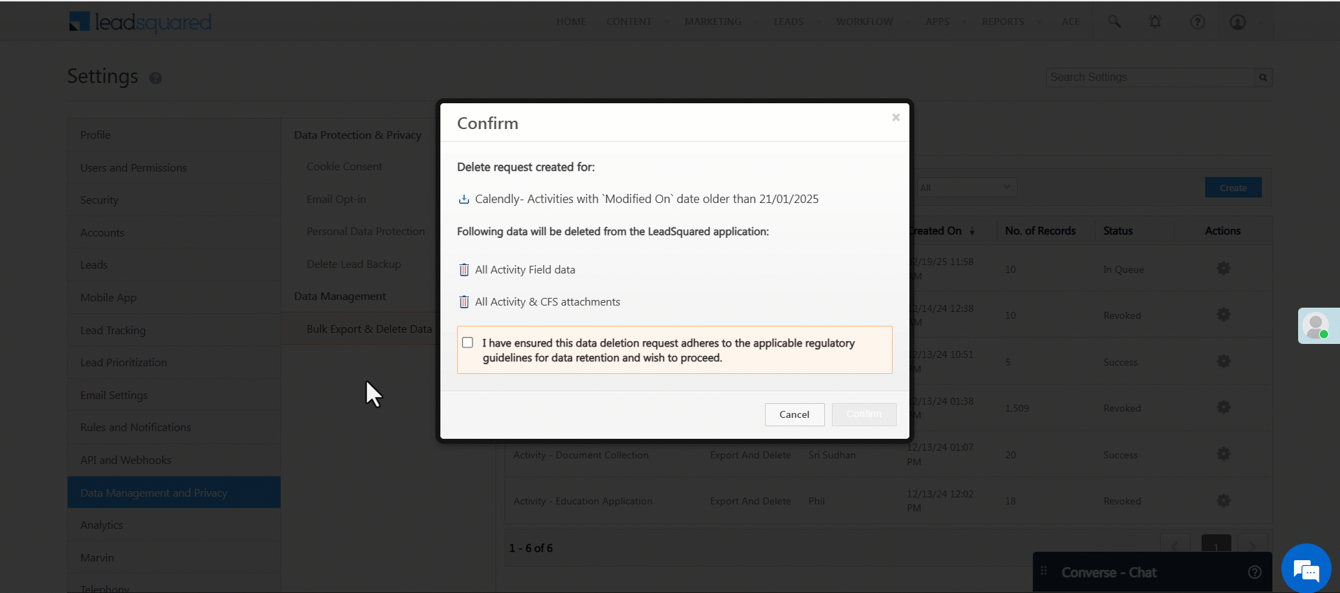 Leadsquared - Bulk Export & Delete Data