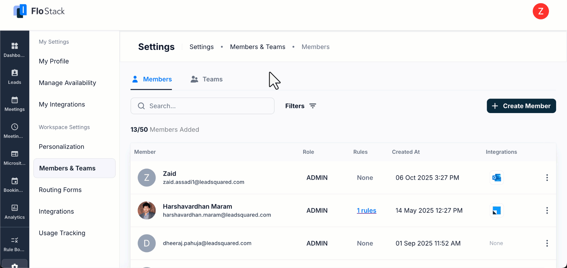 workspace members and teams