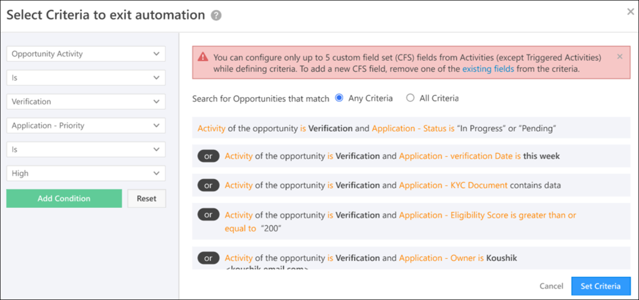 automation criteria builder restriction 1
