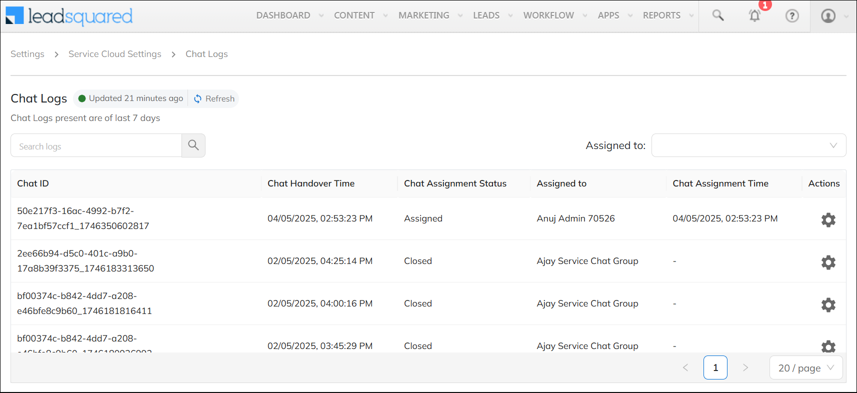 LeadSquared Service CRM Chat Logs