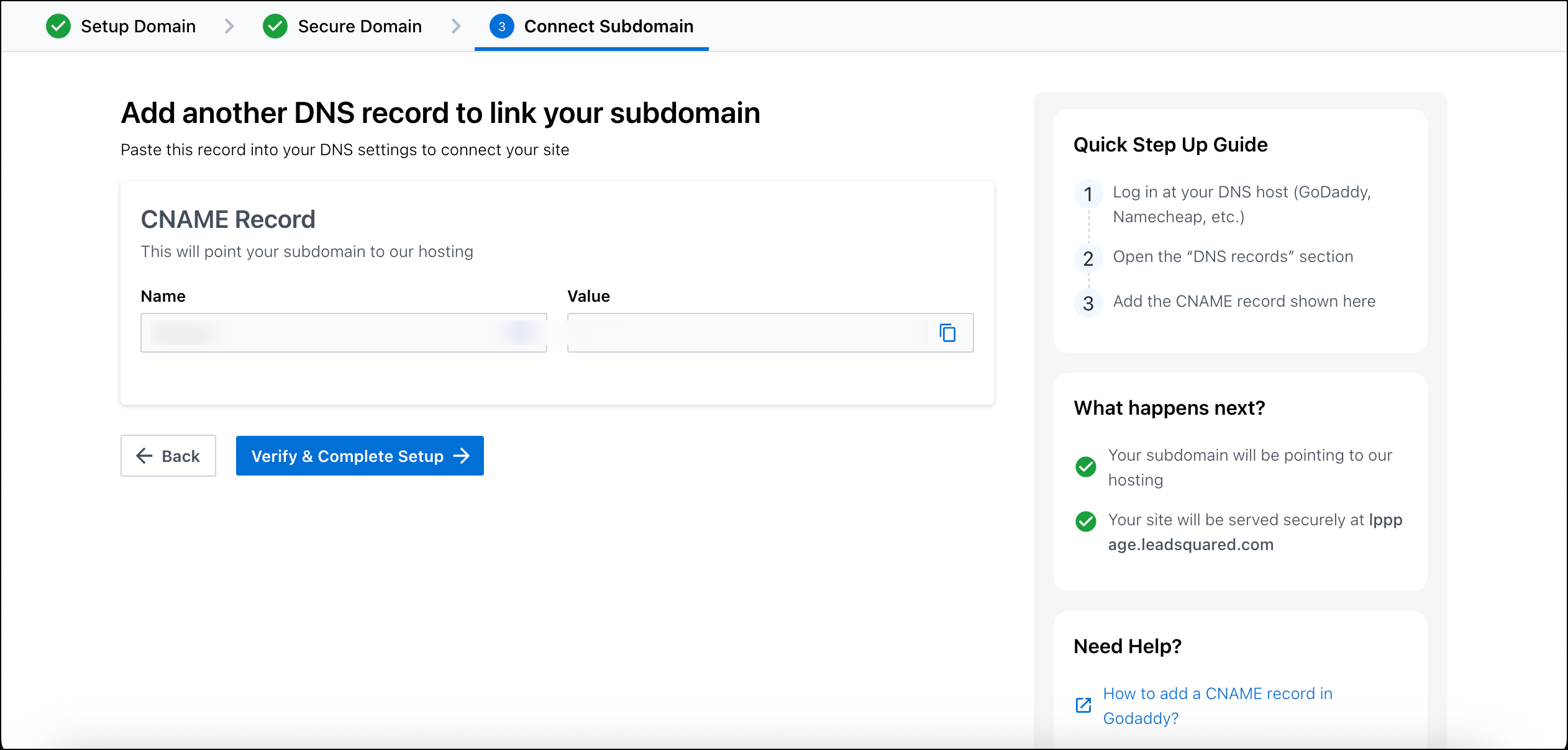verify and complete setup custom domain step