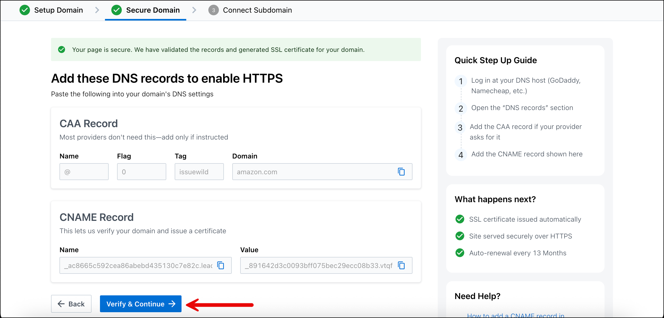 lpp subdomain verify and continue cname