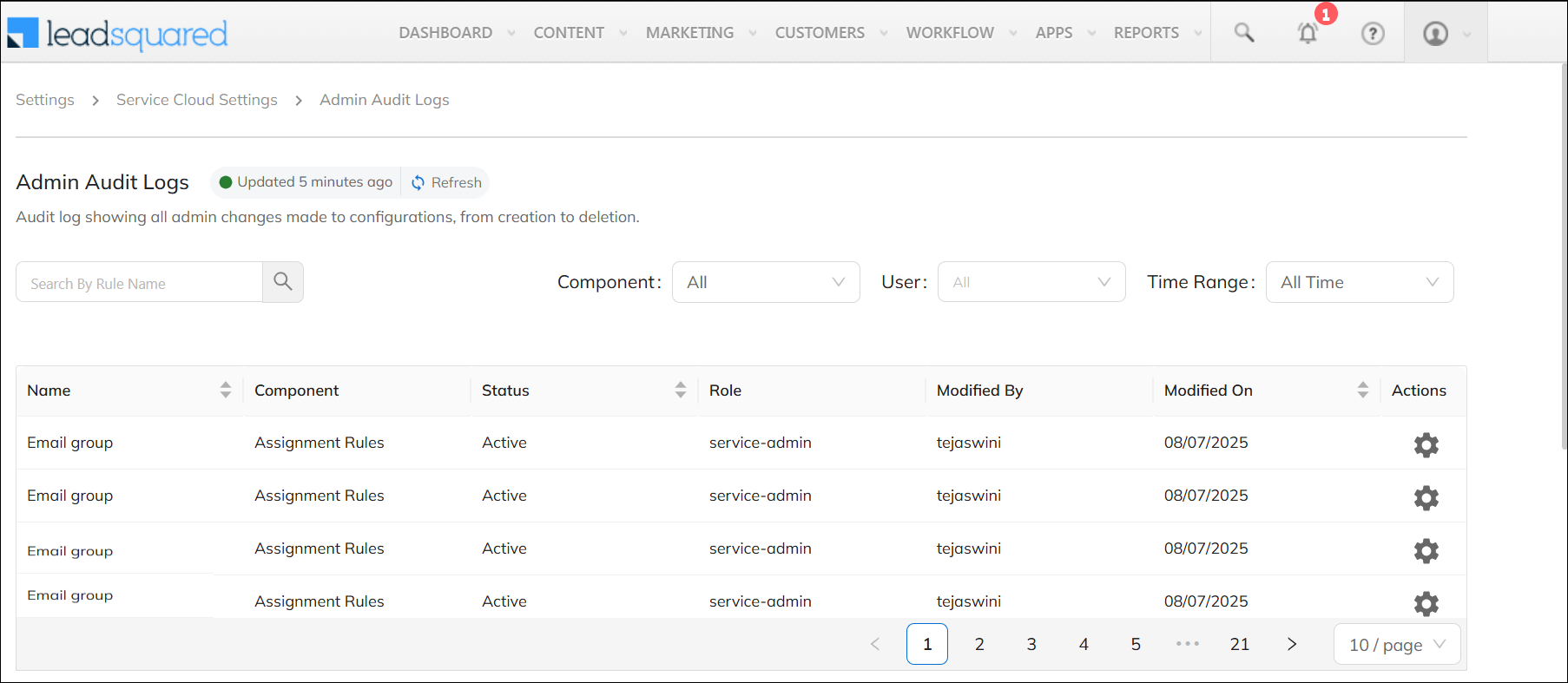 LeadSquared Service CRM Admin Audit Logs