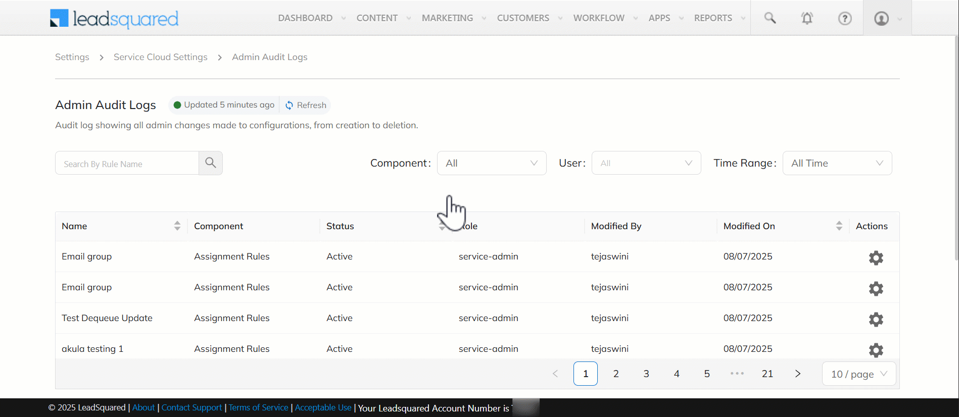 LeadSquared Service CRM Admin Audit Logs