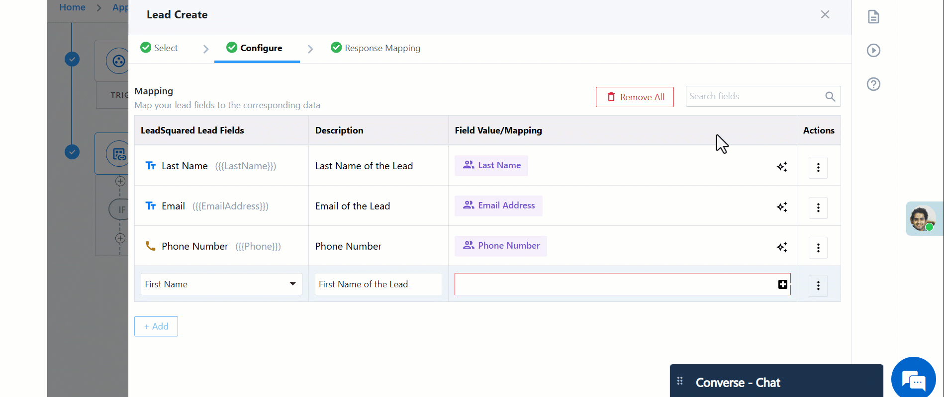 map variables for create a lead action
