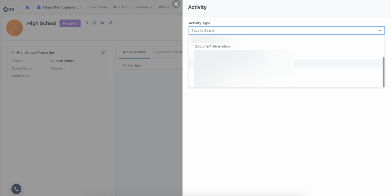 form dashboard activity object type