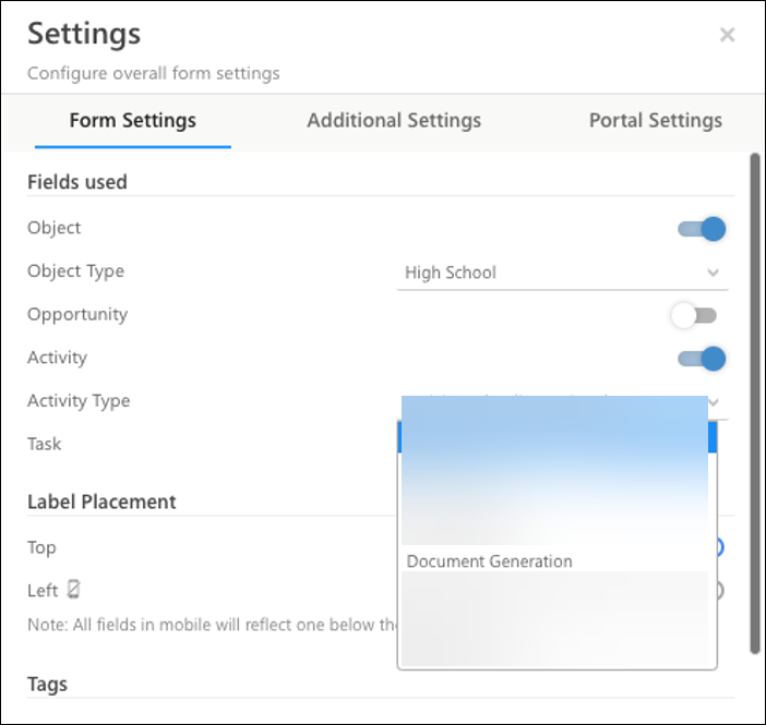 form settings activity object type