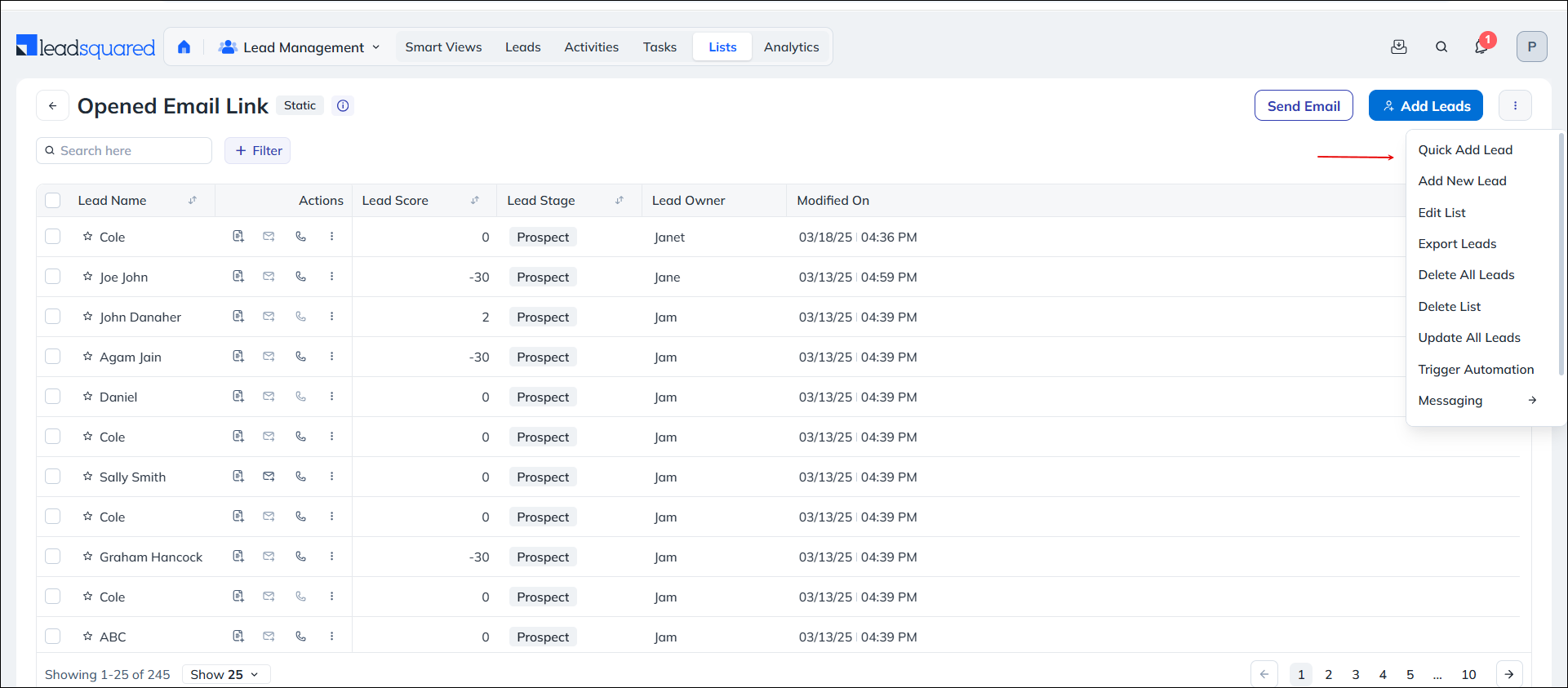 Leadsquared - List Management