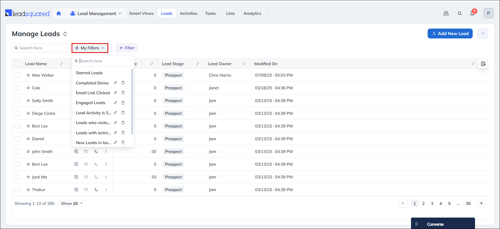 Leadsquared - Create Quick Filters