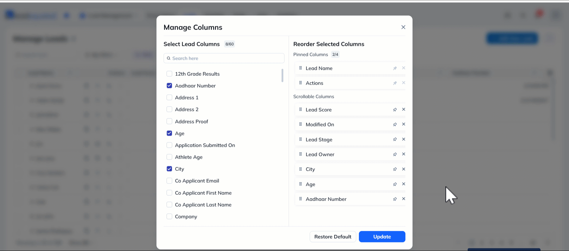 Leadsquared - Manage Columns