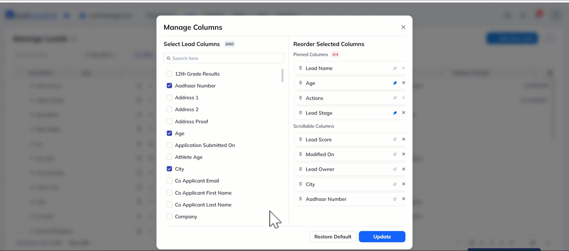 Leadsquared - Manage Columns