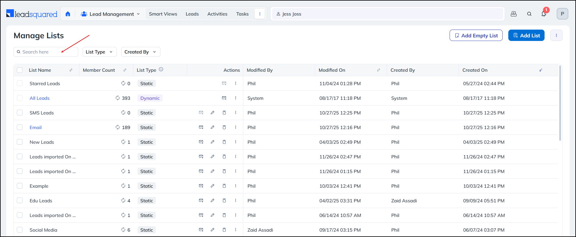 Leadsquared - List Management
