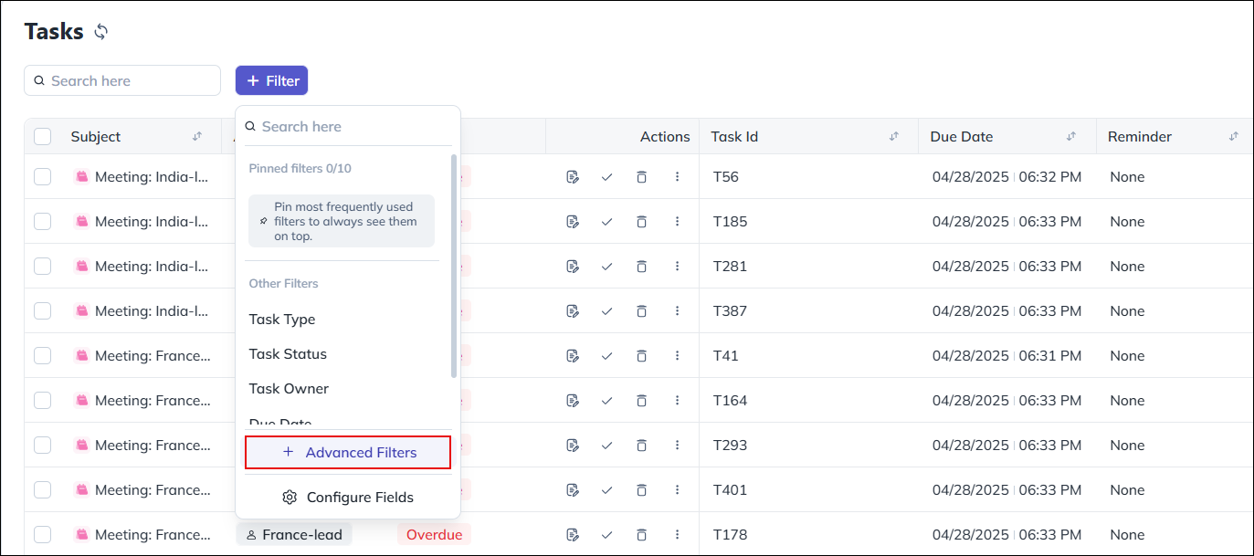 Leadsquared - Task Advanced Search
