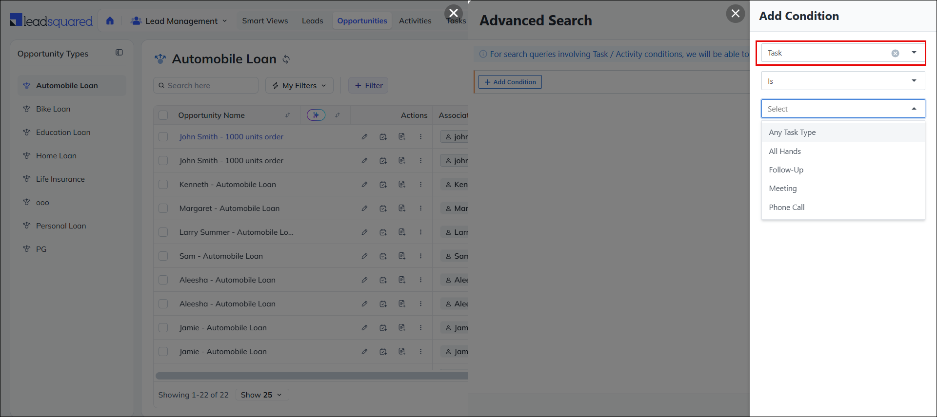 Leadsquared - Opportunity Advanced Search