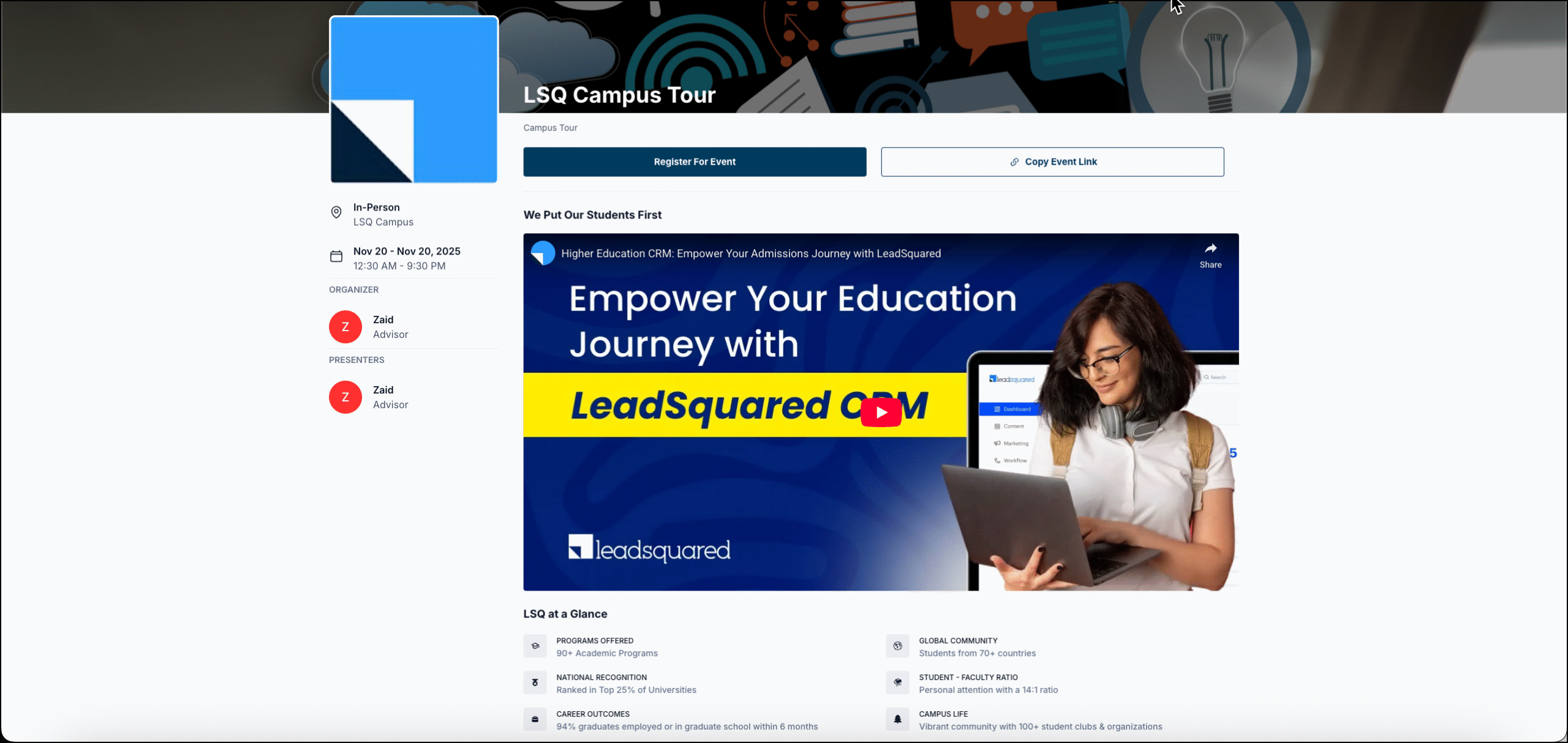 event scheduler landing page