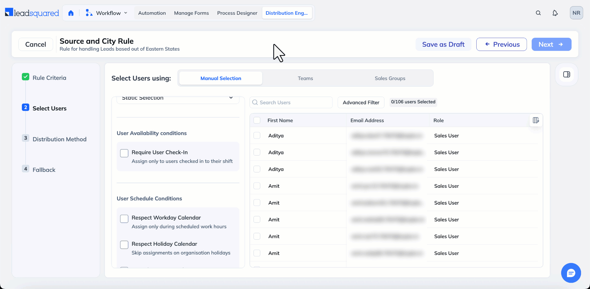 Select users for distribution engine