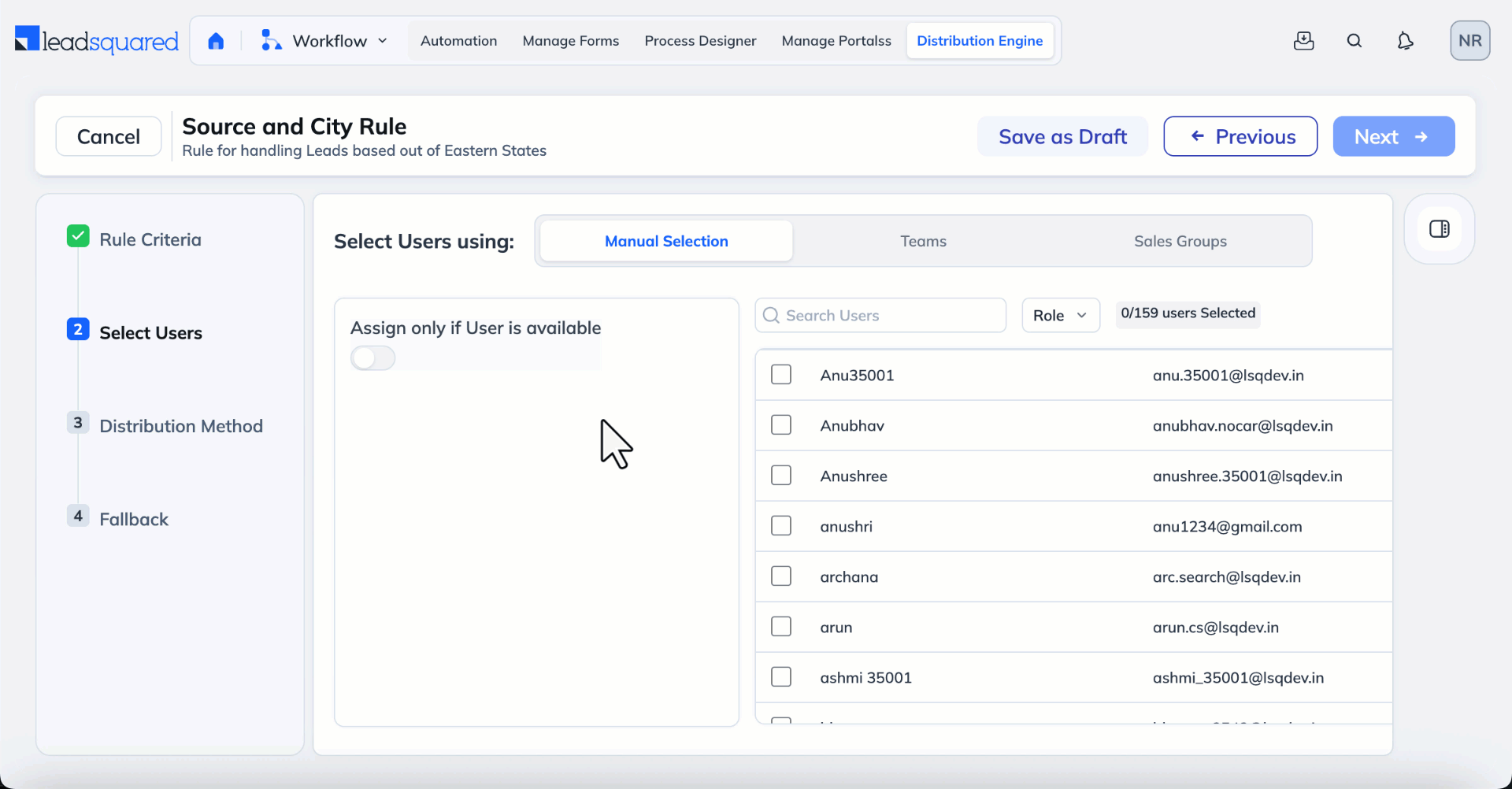 Select users for distribution engine
