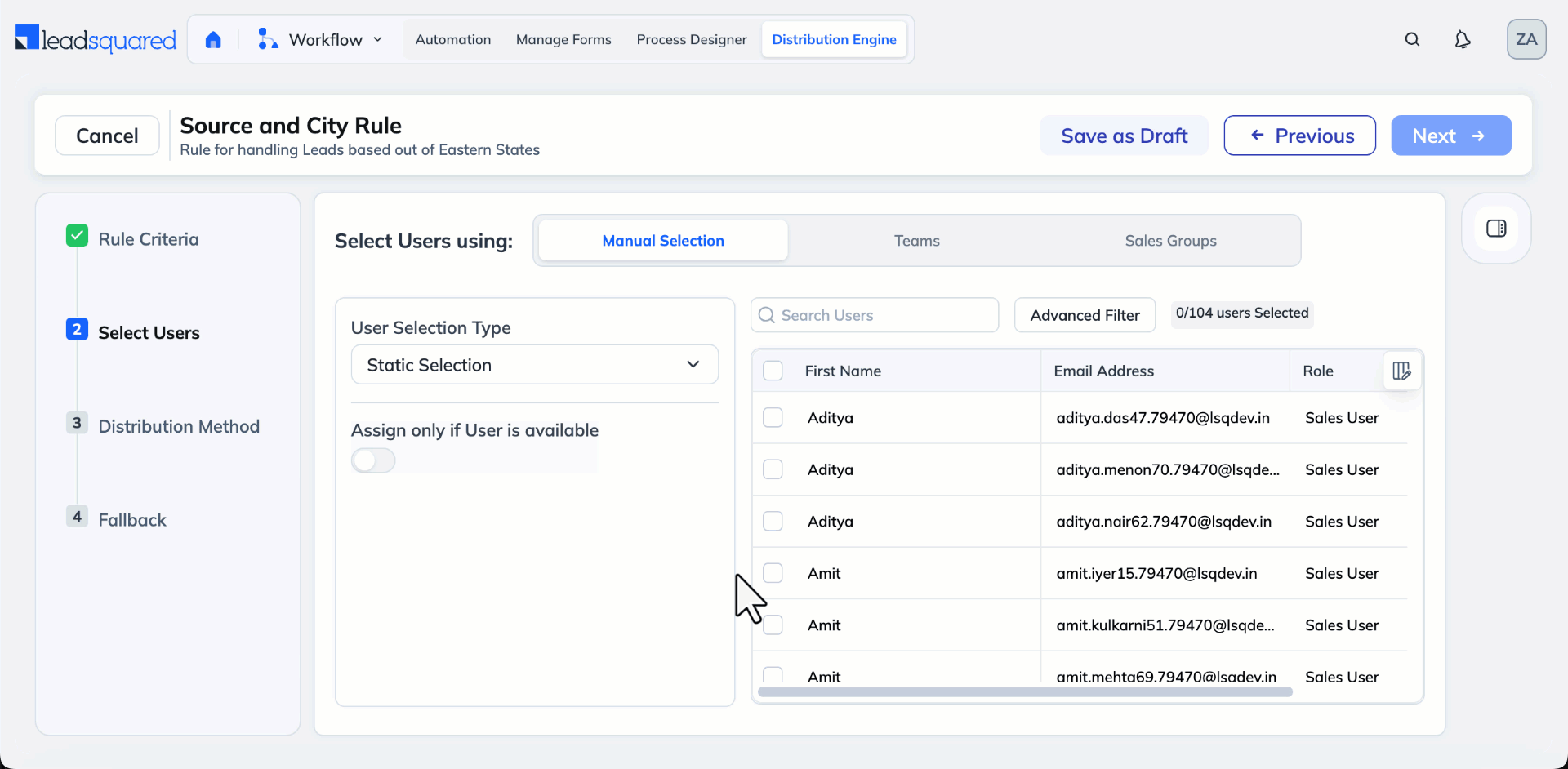 Advance filter while selecting users