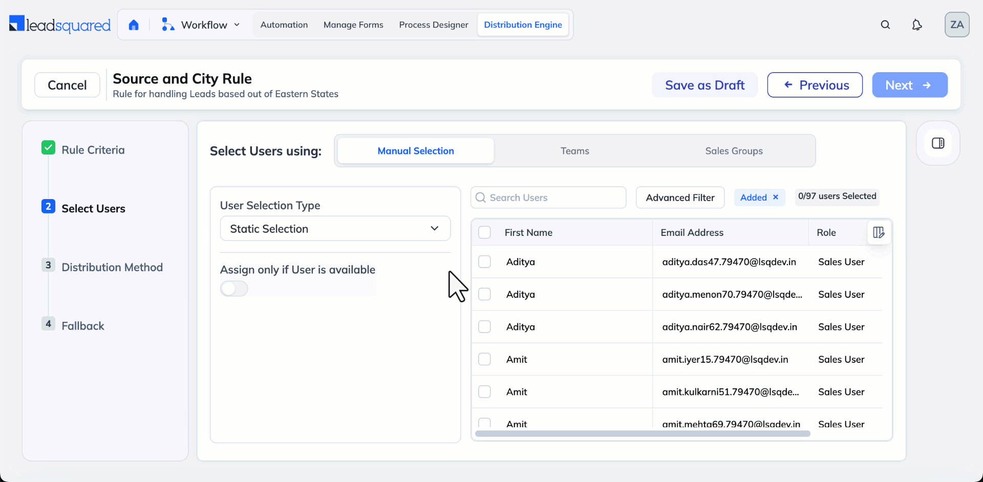 Select users for distribution