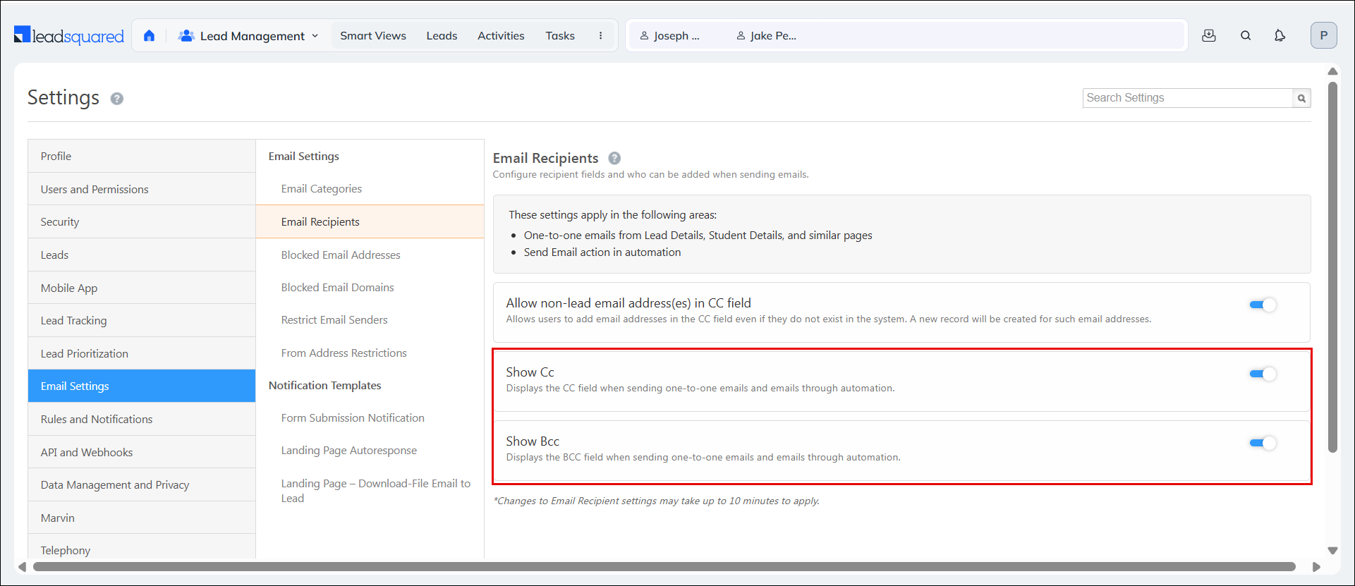 Leadsquared - Email Settings