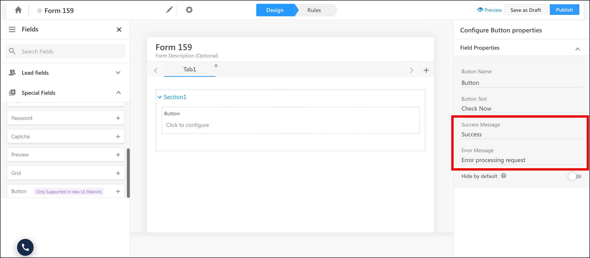 custom message for button