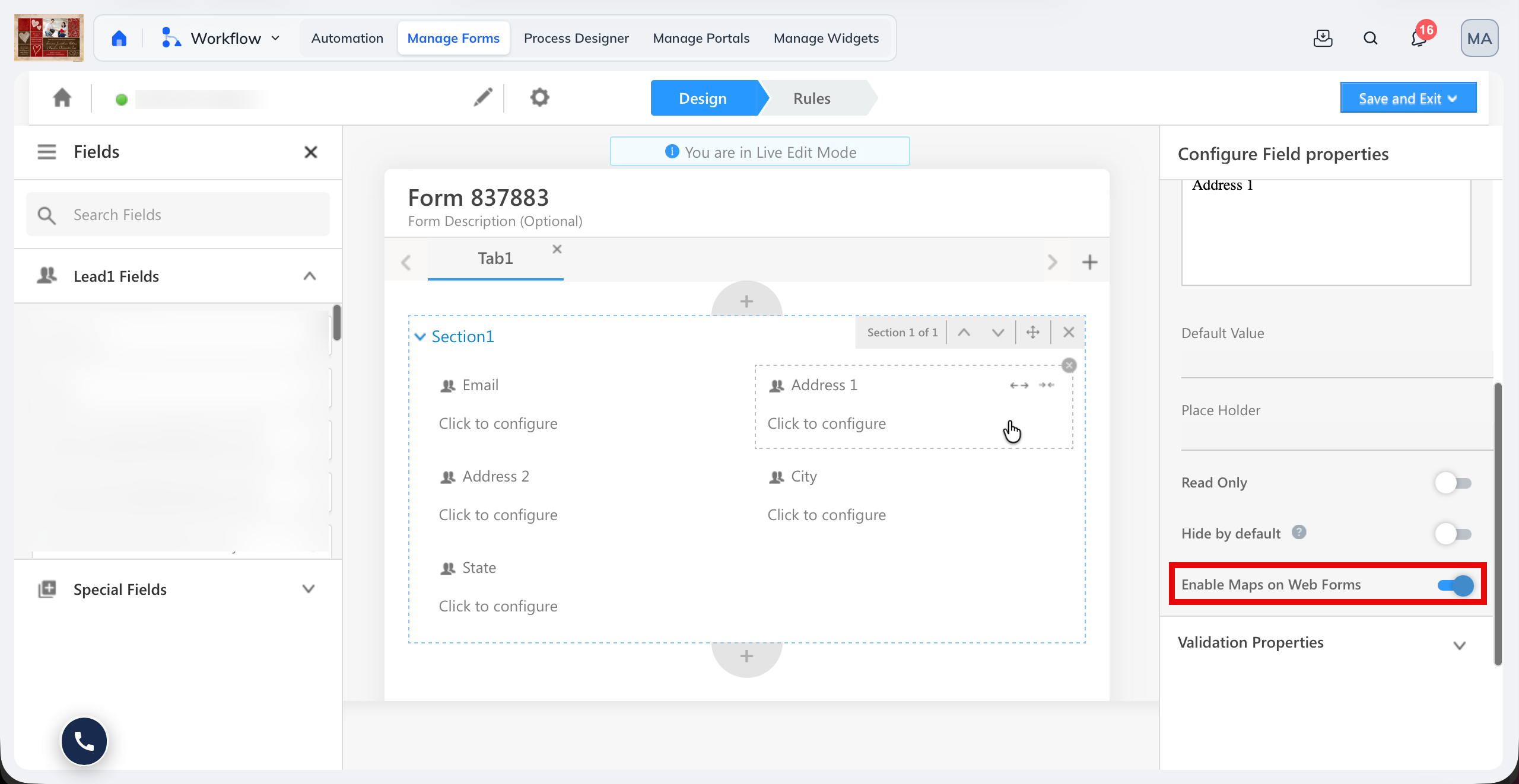enable maps on web forms