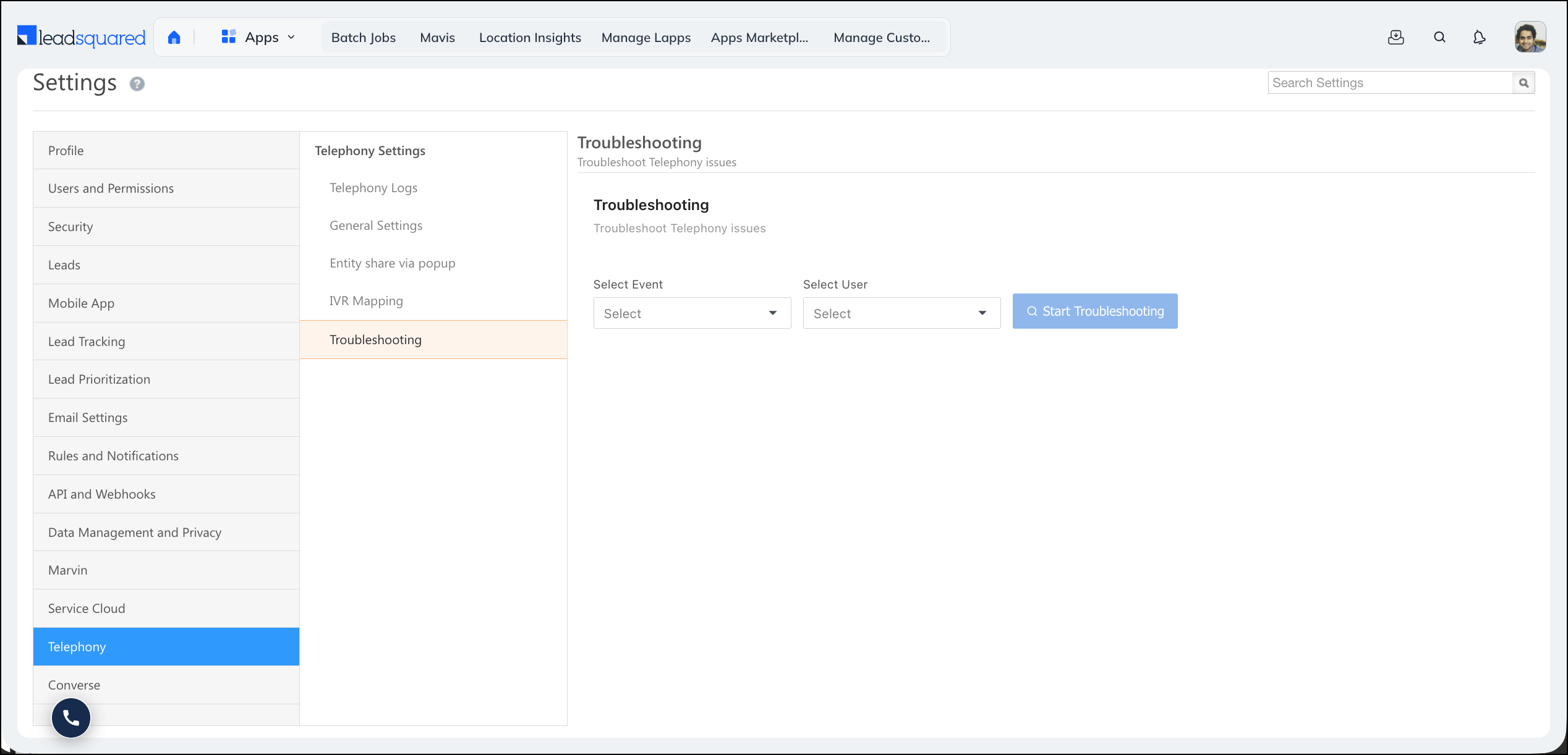 navigate to telephony troubleshooting
