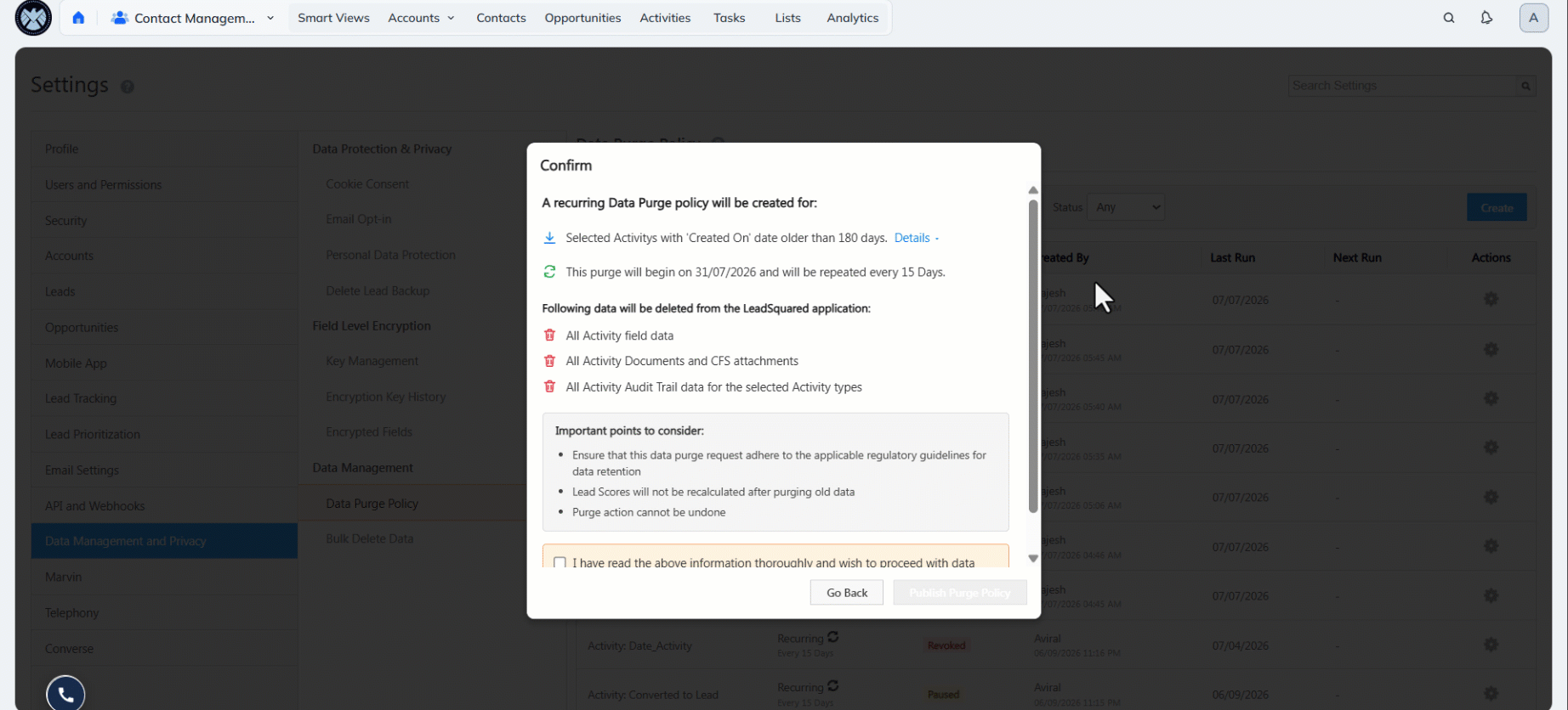 Leadsquared - Data Purge Policy