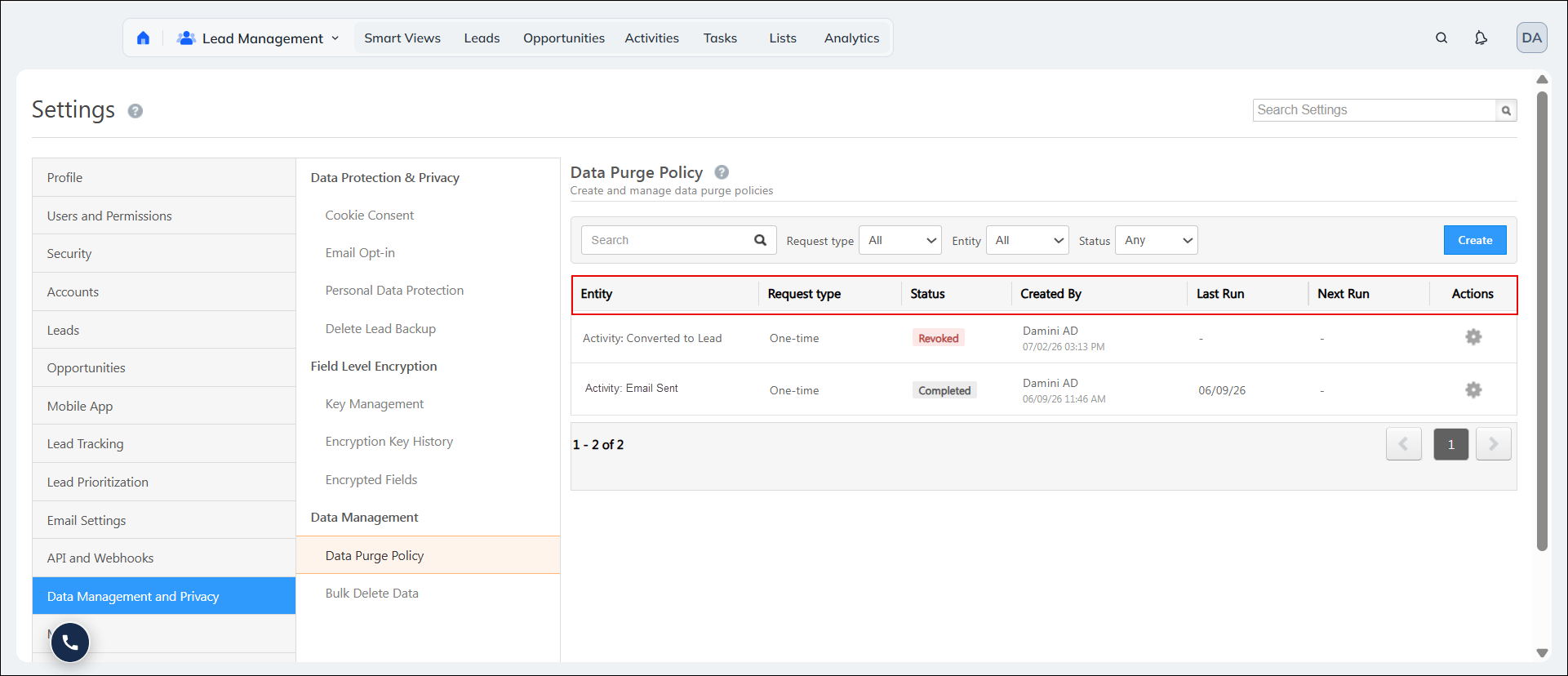 Leadsquared - Data Purge Policy
