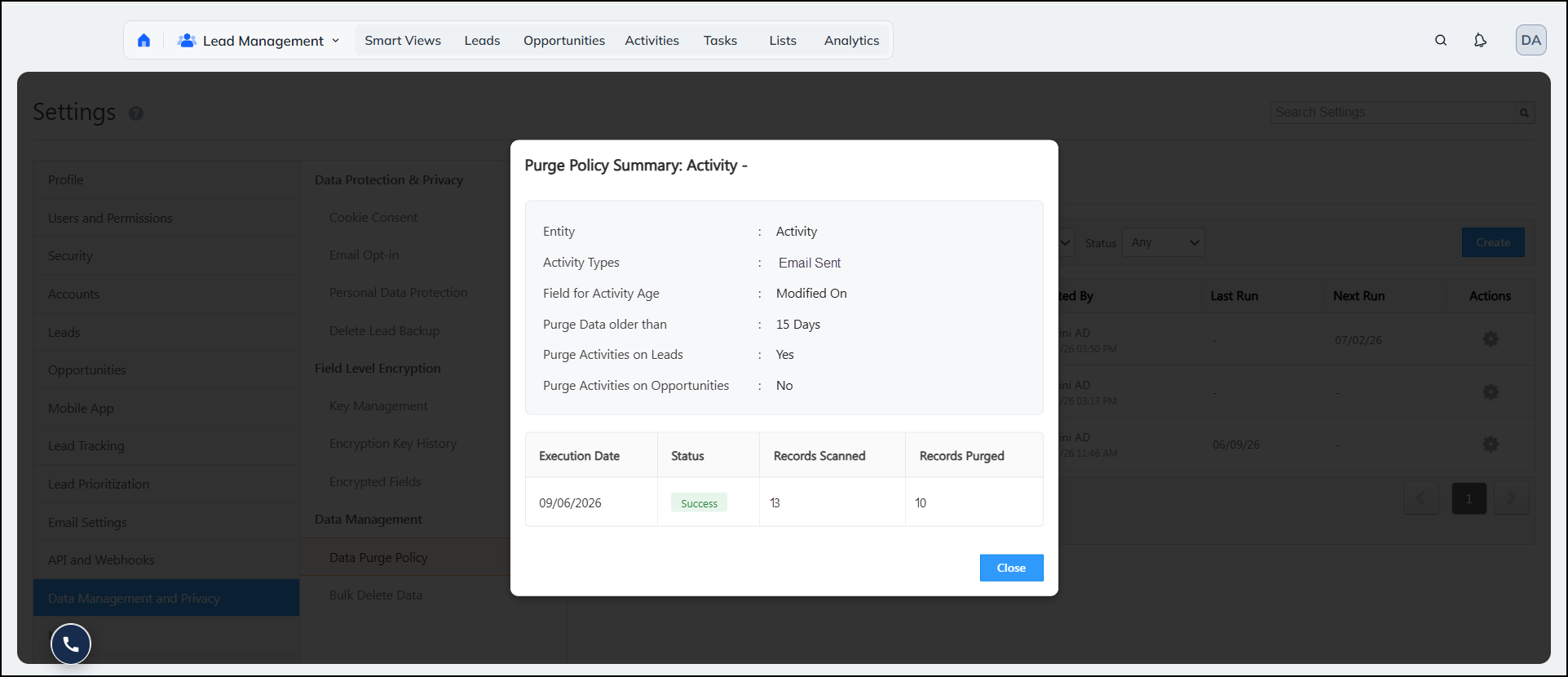 Leadsquared - Data Purge Policy