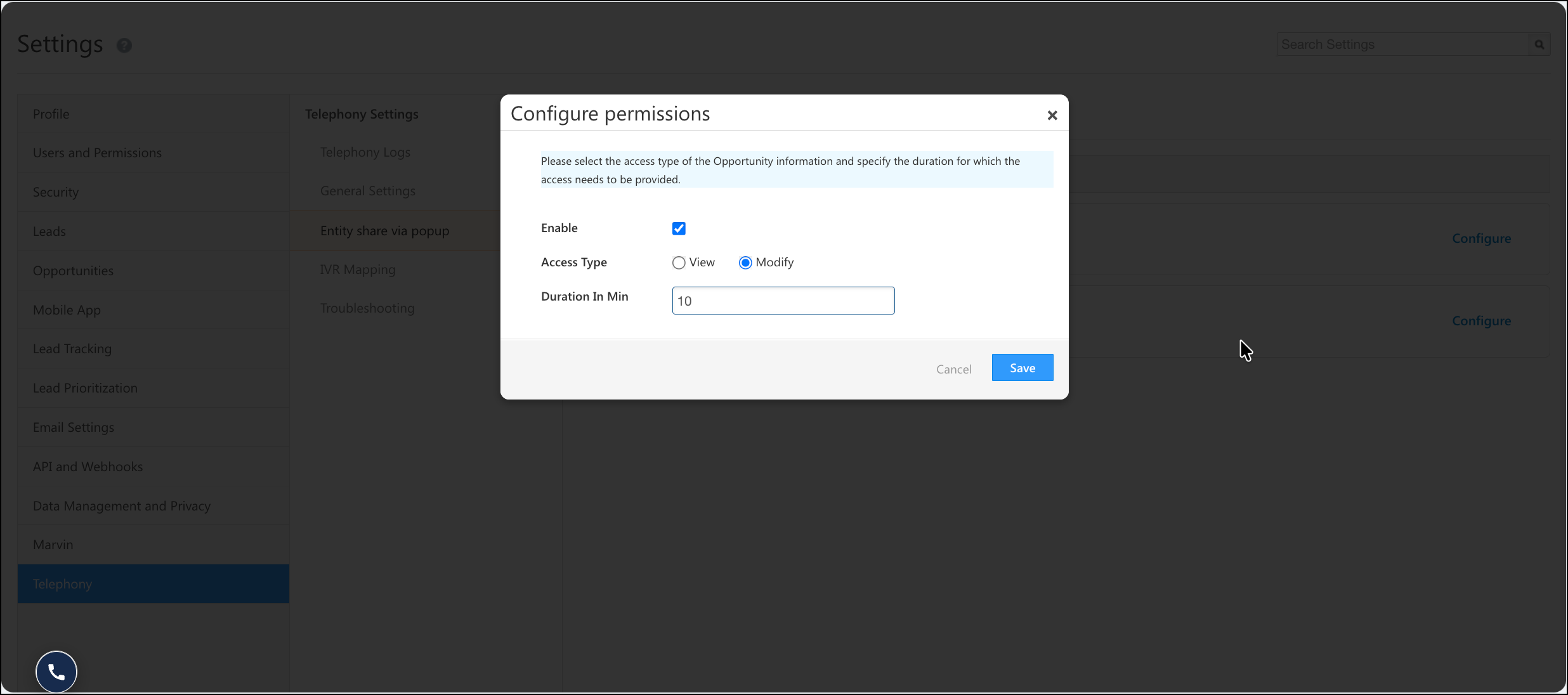 configure opp share agent popup