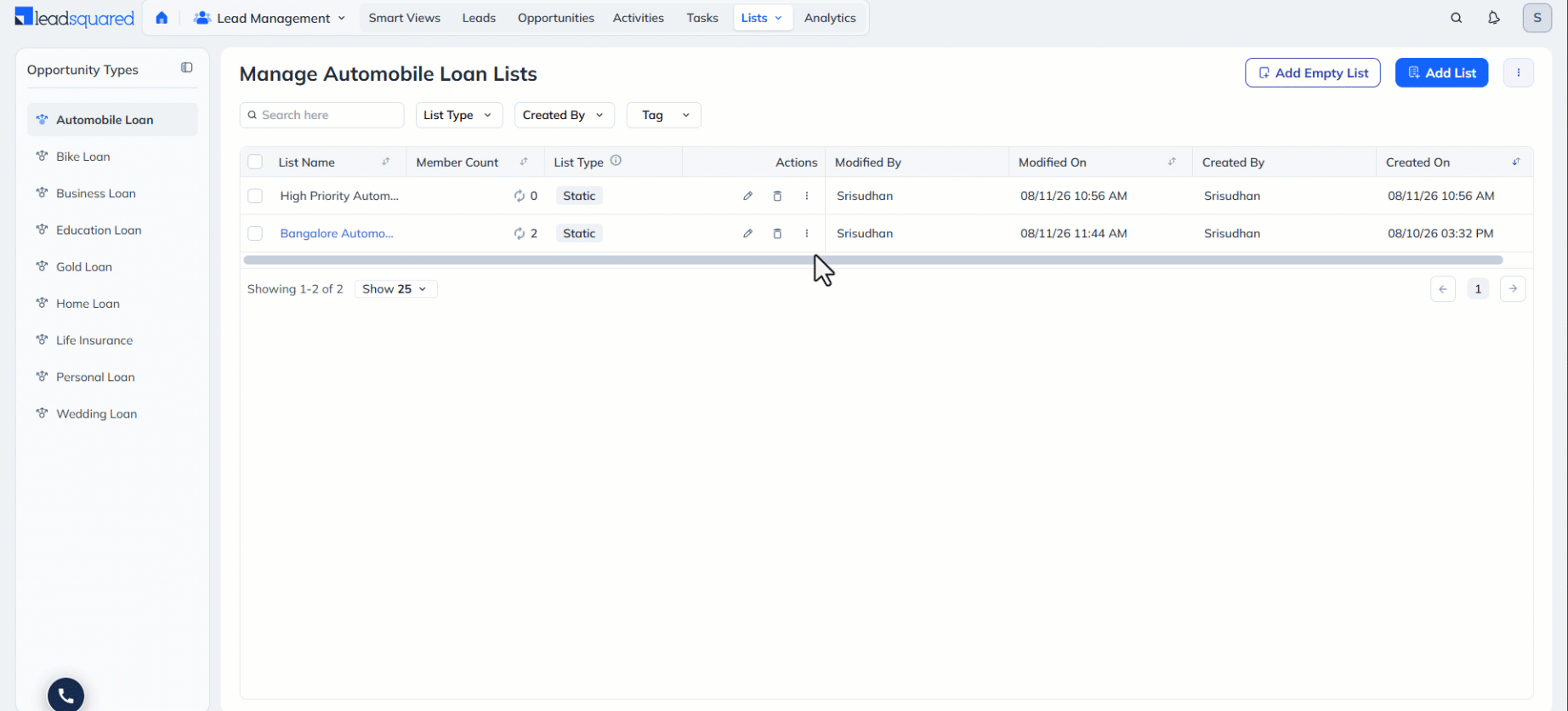 Leadsquared - Opportunity List
