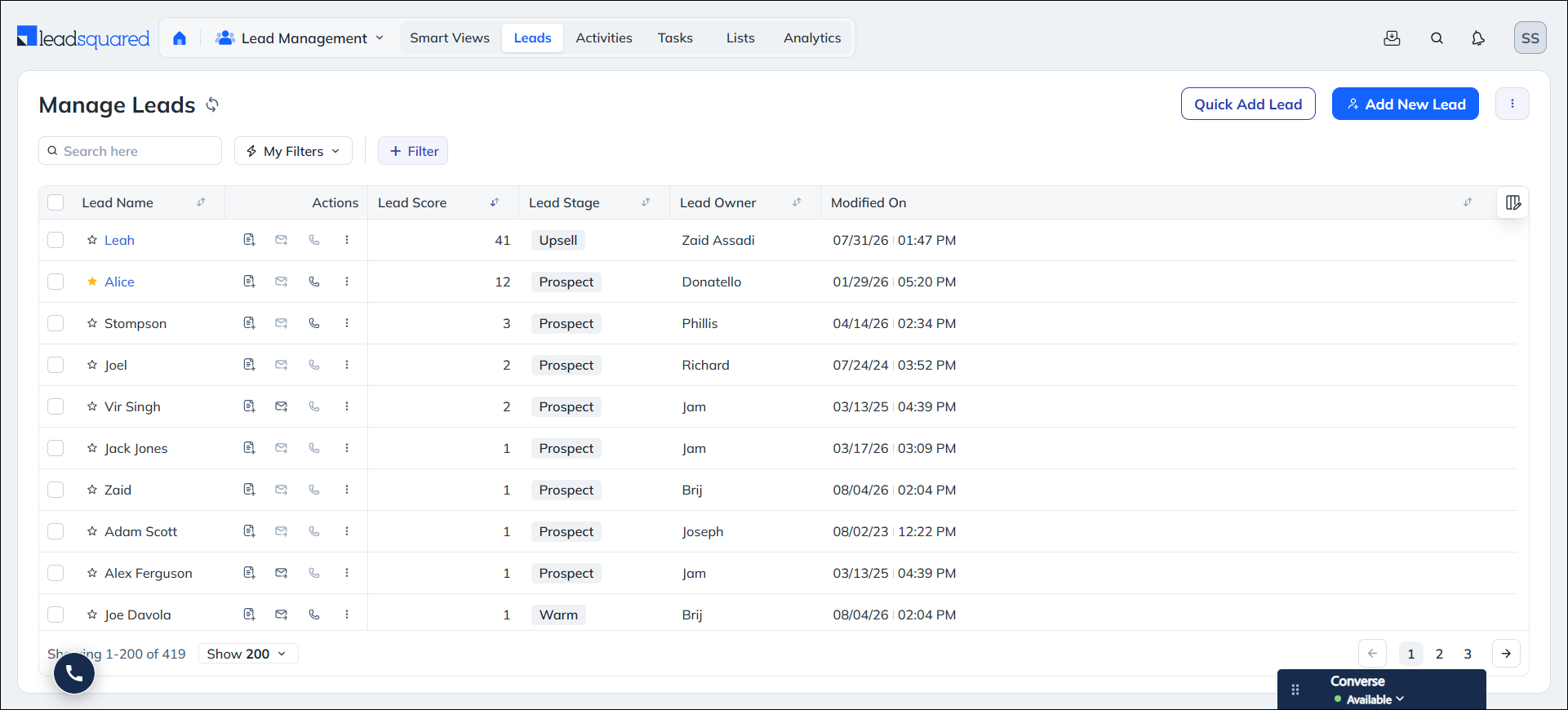 Manage LeadSquared Leads