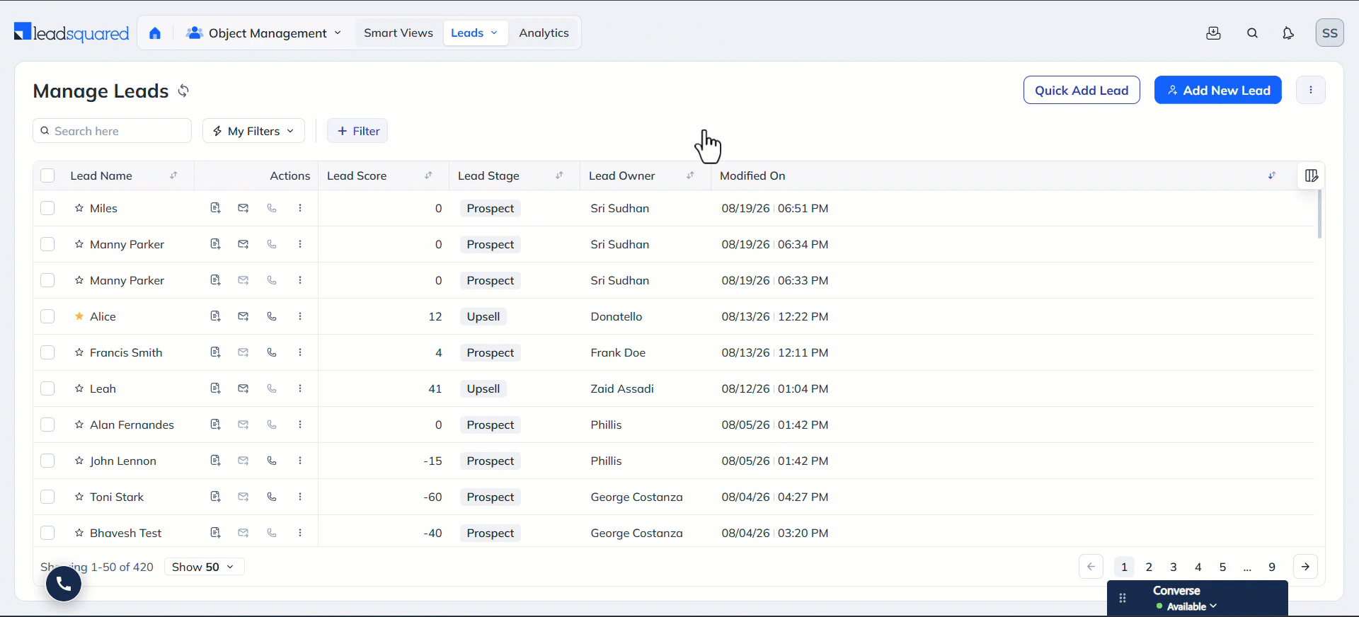 Manage LeadSquared Leads