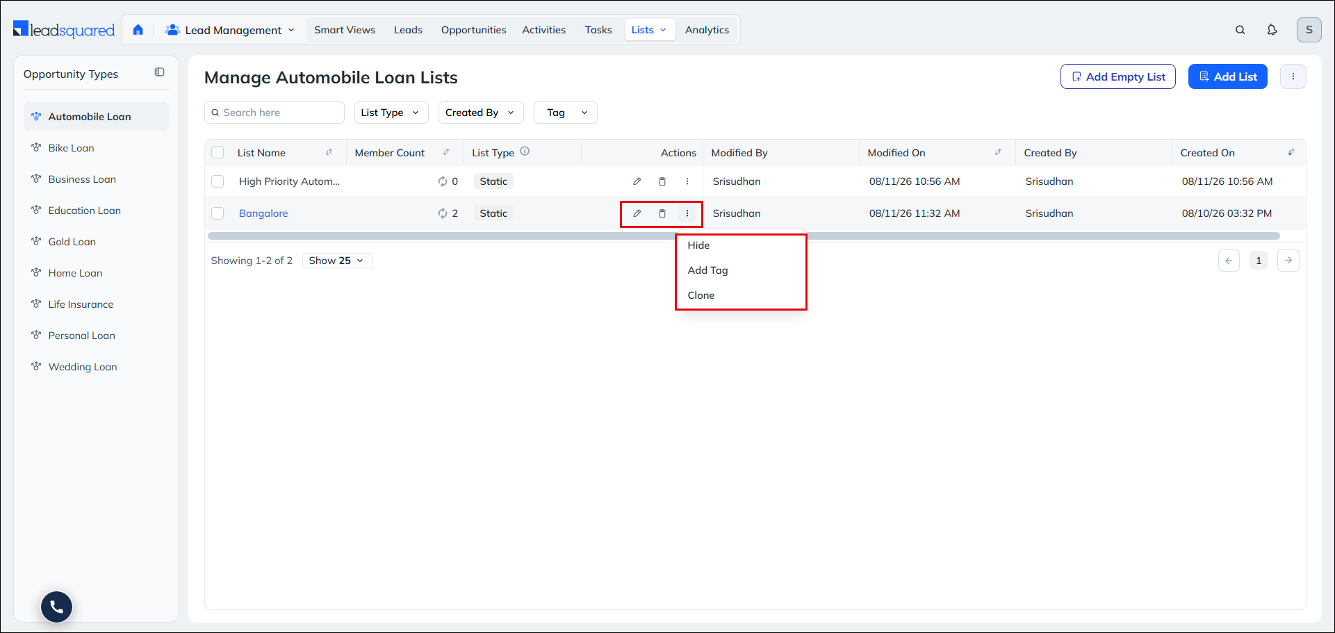 Leadsquared - Opportunity Lists