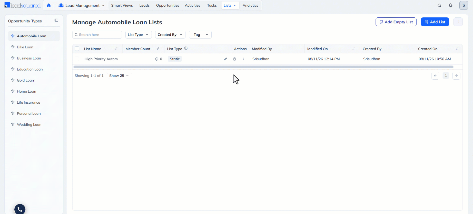 Leadsquared - Opportunity List