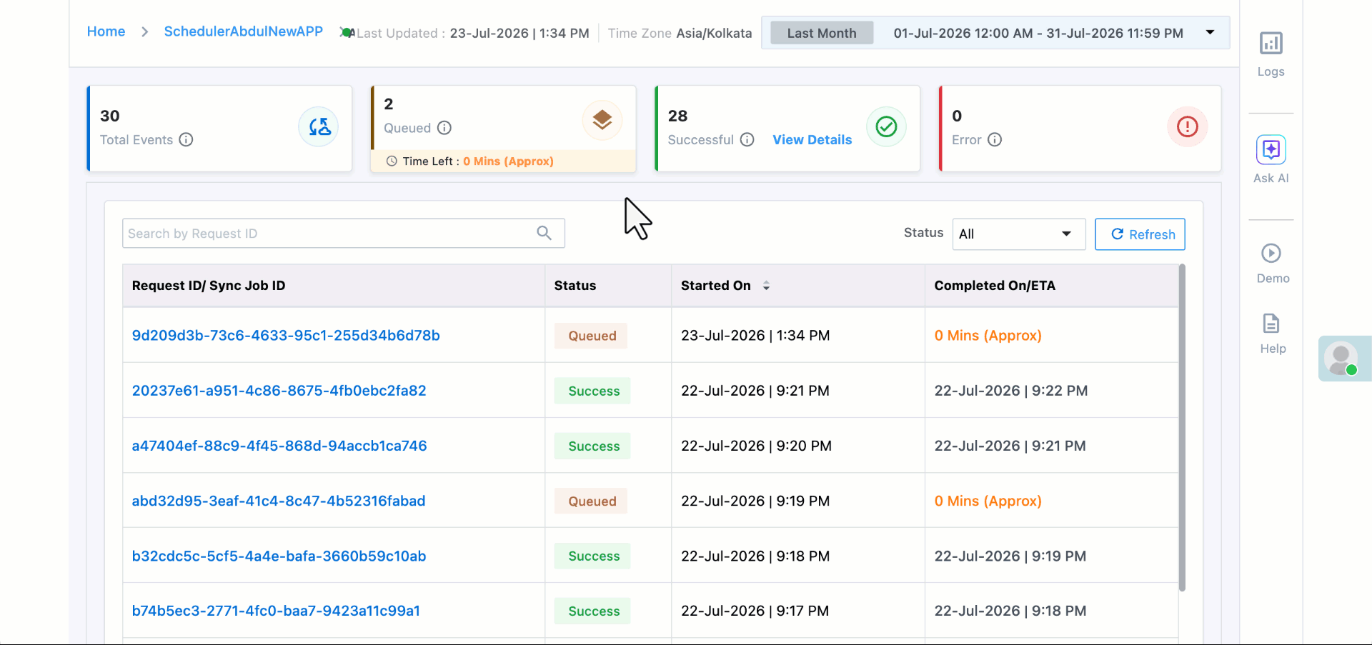 clicking a scheduler sync