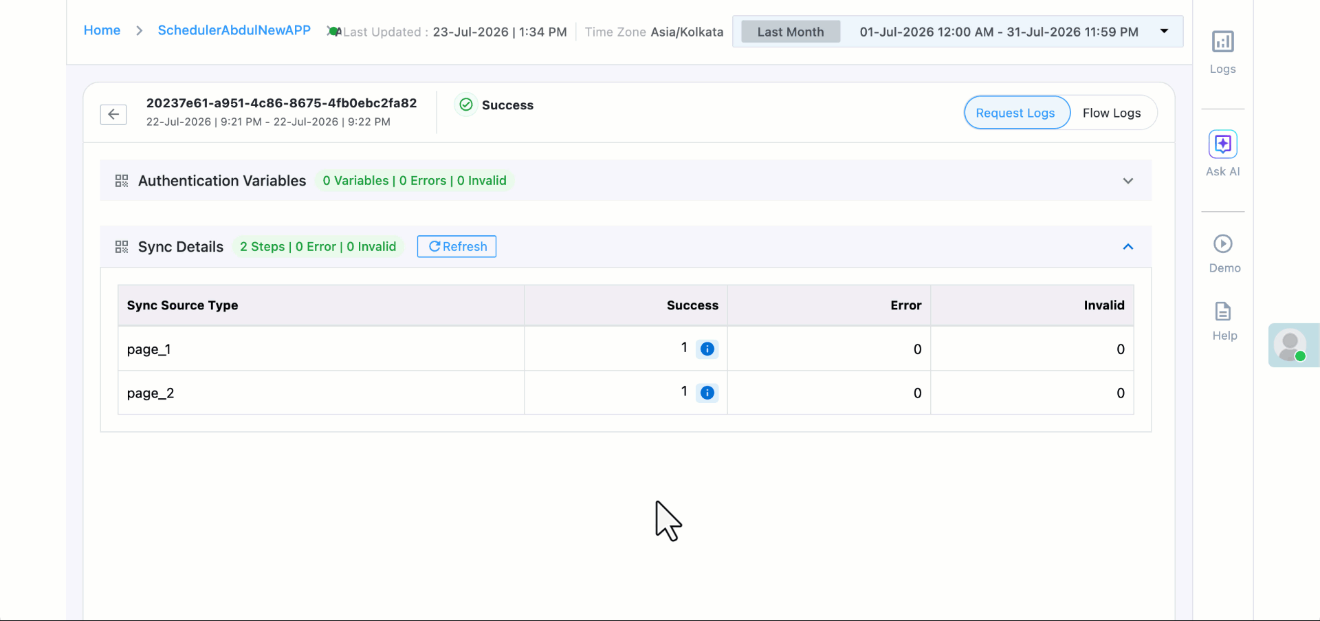 sync details response request logs