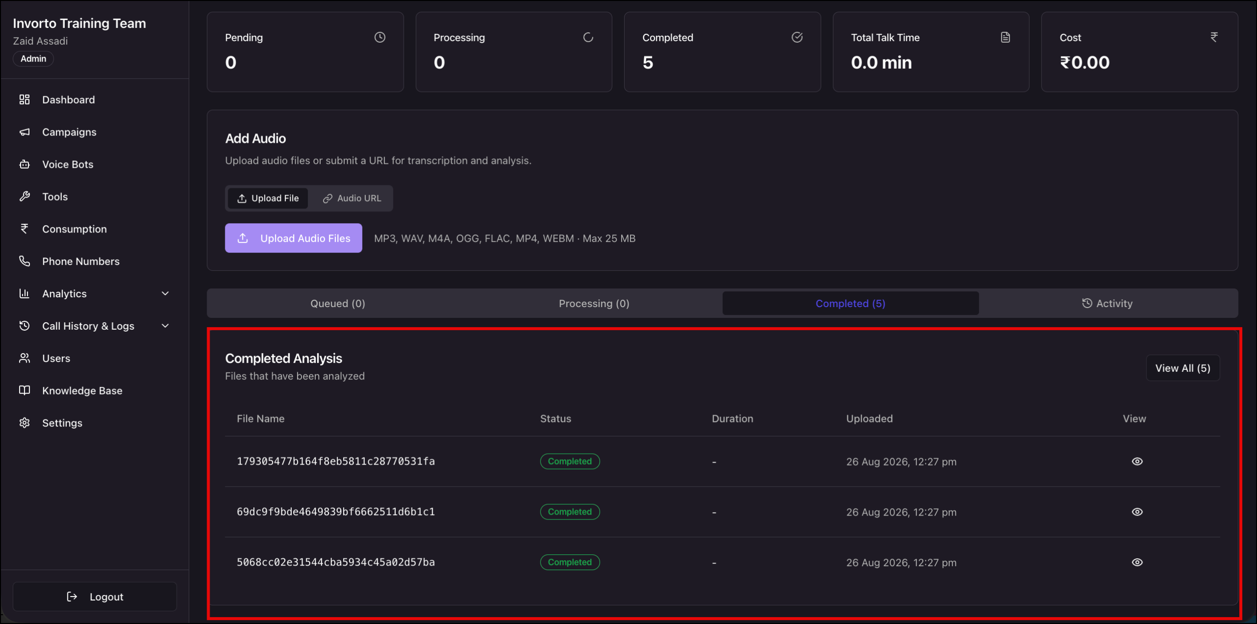 call insights completed tab