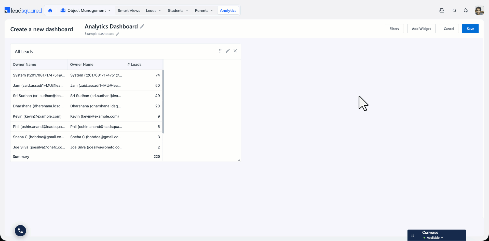 filter widget